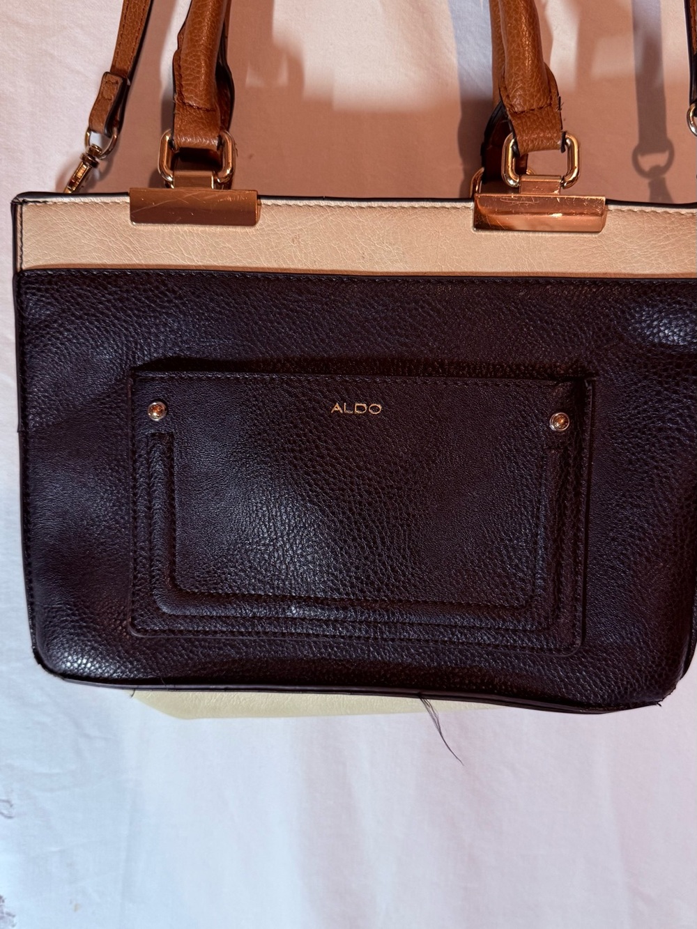 ALDO Colorblock Satchel Crossbody Bag Black Brown Cream Gold Hardware Purse - Picture 3 of 12